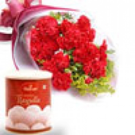 Red Carnations Bunch With Haldiram's Rasgullas